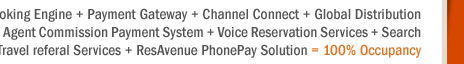 Your Hotel Website + ResAvenue = Website Booking Engine + Payment Gateway + Channel Connect + Global Distribution System + Internet Distribution System + Global Agent Commission Payment System + Voice Reservation Services + Search Engine Marketing + Virtual Reality Solution + Travel referal Services + ResAvenue PhonePay Solution = 100% Occupancy