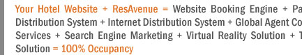 Your Hotel Website + ResAvenue = Website Booking Engine + Payment Gateway + Channel Connect + Global Distribution System + Internet Distribution System + Global Agent Commission Payment System + Voice Reservation Services + Search Engine Marketing + Virtual Reality Solution + Travel referal Services + ResAvenue PhonePay Solution = 100% Occupancy