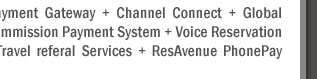 Your Hotel Website + ResAvenue = Website Booking Engine + Payment Gateway + Channel Connect + Global Distribution System + Internet Distribution System + Global Agent Commission Payment System + Voice Reservation Services + Search Engine Marketing + Virtual Reality Solution + Travel referal Services + ResAvenue PhonePay Solution = 100% Occupancy