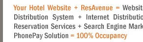 Your Hotel Website + ResAvenue = Website Booking Engine + Payment Gateway + Channel Connect + Global Distribution System + Internet Distribution System + Global Agent Commission Payment System + Voice Reservation Services + Search Engine Marketing + Virtual Reality Solution + Travel referal Services + ResAvenue PhonePay Solution = 100% Occupancy