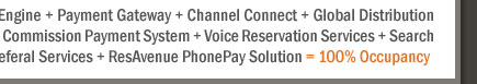 Your Hotel Website + ResAvenue = Website Booking Engine + Payment Gateway + Channel Connect + Global Distribution System + Internet Distribution System + Global Agent Commission Payment System + Voice Reservation Services + Search Engine Marketing + Virtual Reality Solution + Travel referal Services + ResAvenue PhonePay Solution = 100% Occupancy