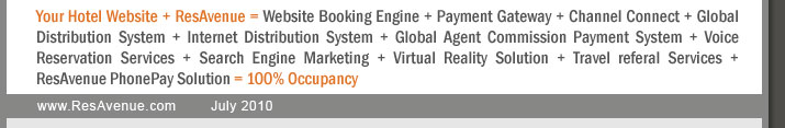 Your Hotel Website + ResAvenue = Website Booking Engine + Payment Gateway + Channel Connect + Global Distribution System + Internet Distribution System + Global Agent Commission Payment System + Voice Reservation Services + Search Engine Marketing + Virtual Reality Solution + Travel referal Services + ResAvenue PhonePay Solution = 100% Occupancy