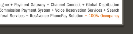 Your Hotel Website + ResAvenue = Website Booking Engine + Payment Gateway + Channel Connect + Global Distribution System + Internet Distribution System + Global Agent Commission Payment System + Voice Reservation Services + Search Engine Marketing + Virtual Reality Solution + Travel referal Services + ResAvenue PhonePay Solution = 100% Occupancy