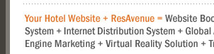 Your Hotel Website + ResAvenue = Website Booking Engine + Payment Gateway + Channel Connect + Global Distribution System + Internet Distribution System + Global Agent Commission Payment System + Voice Reservation Services + Search Engine Marketing + Virtual Reality Solution + Travel referal Services + ResAvenue PhonePay Solution = 100% Occupancy