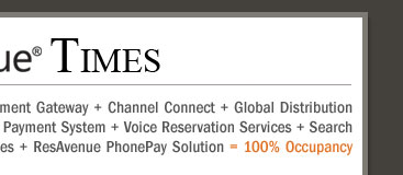 Your Hotel Website + ResAvenue = Website Booking Engine + Payment Gateway + Channel Connect + Global Distribution System + Internet Distribution System + Global Agent Commission Payment System + Voice Reservation Services + Search Engine Marketing + Virtual Reality Solution + Travel referal Services + ResAvenue PhonePay Solution = 100% Occupancy